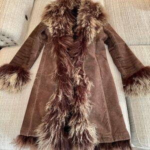 Marvin Richards Chocolate Suede Coat With Real Fur Trim. Size M.